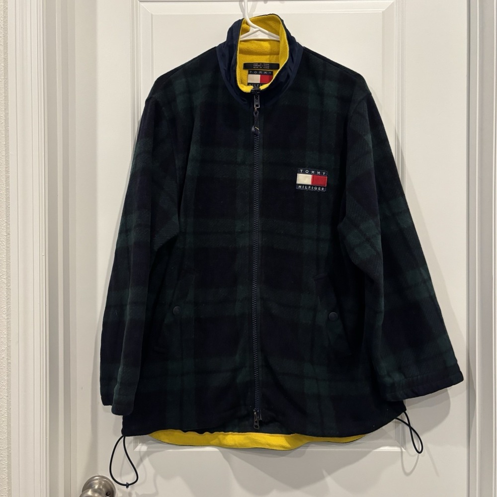 VINTAGE Tommy Hilfiger Full Zip Fleece Jacket Tartan Plaid Green Mens Medium 90s